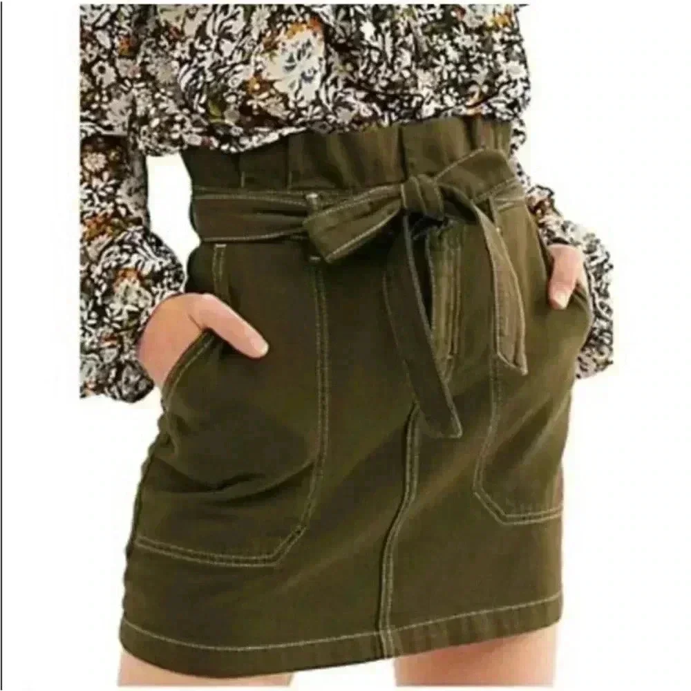 Free People Splendor the Grass Army Green Belted Paper Bag Waist Skirt Sz 2